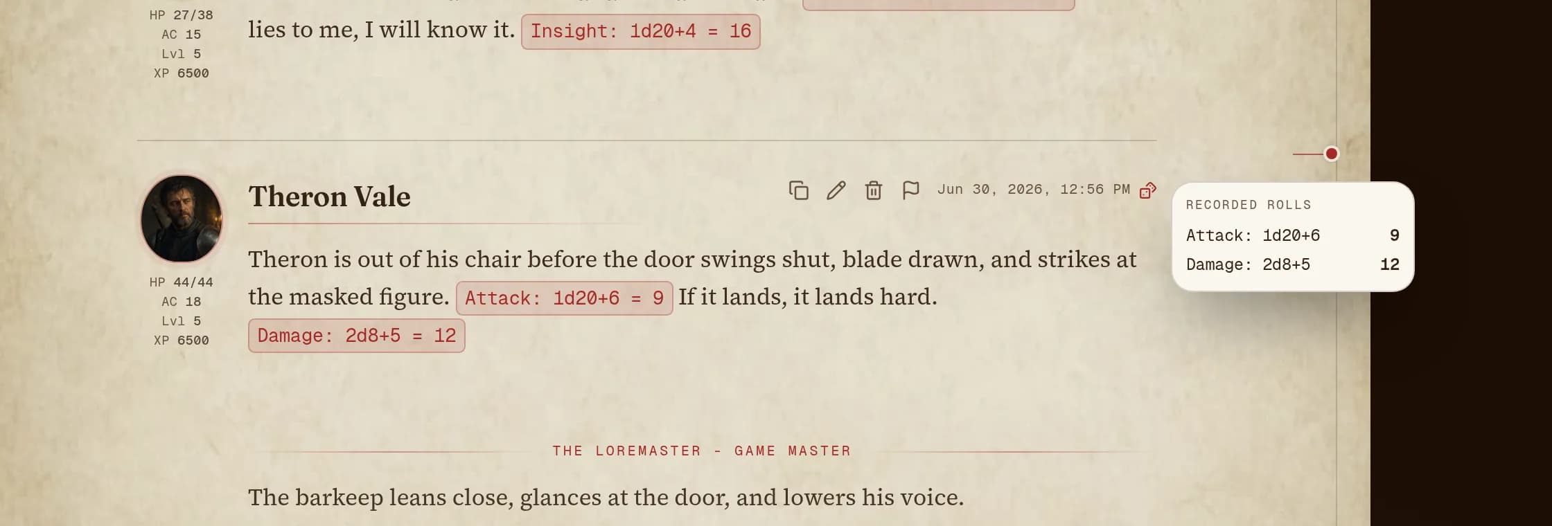 A dice roll frozen in a post, with the all-members audit listing every roll