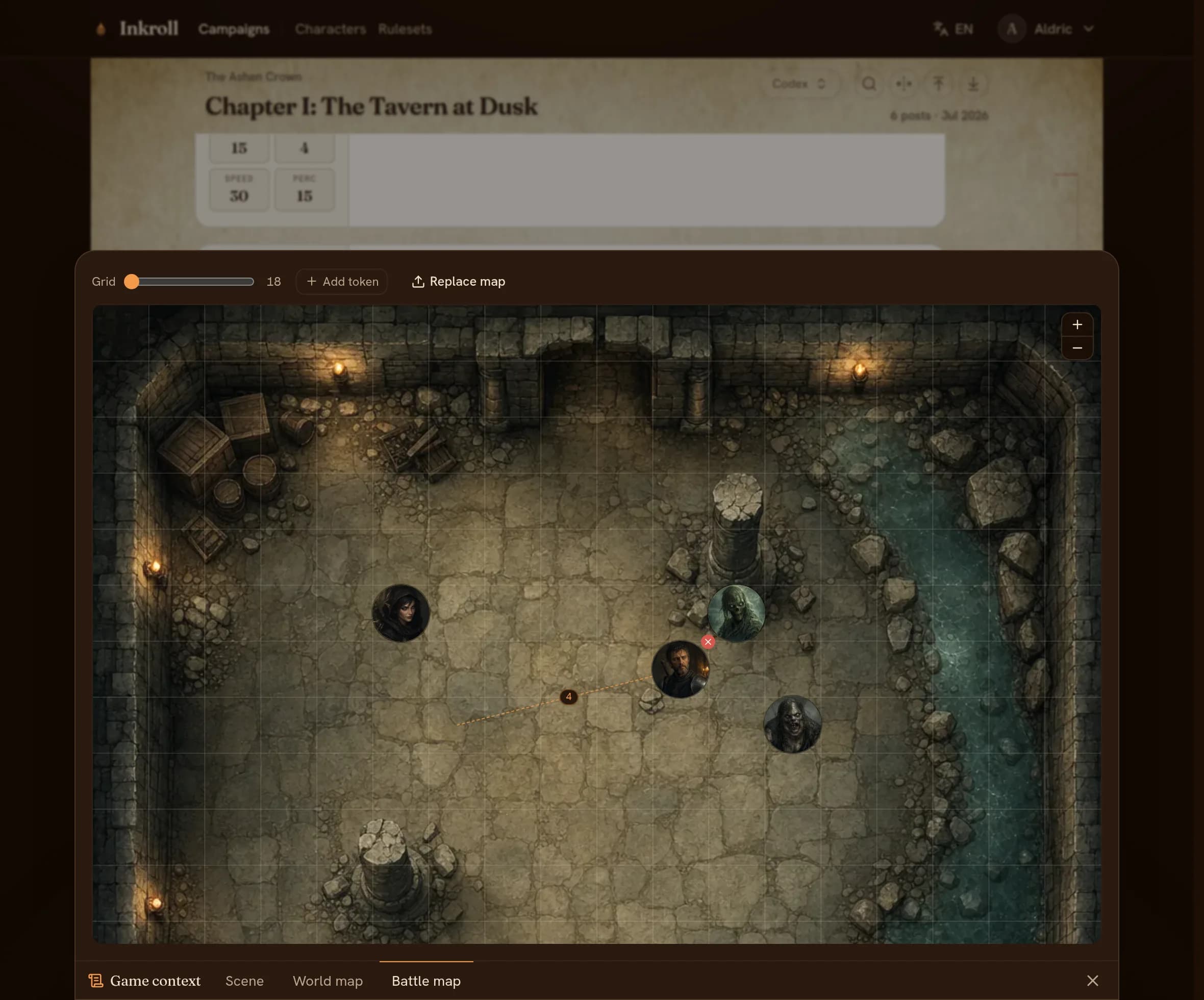 The game-context drawer open to a battle map with character tokens