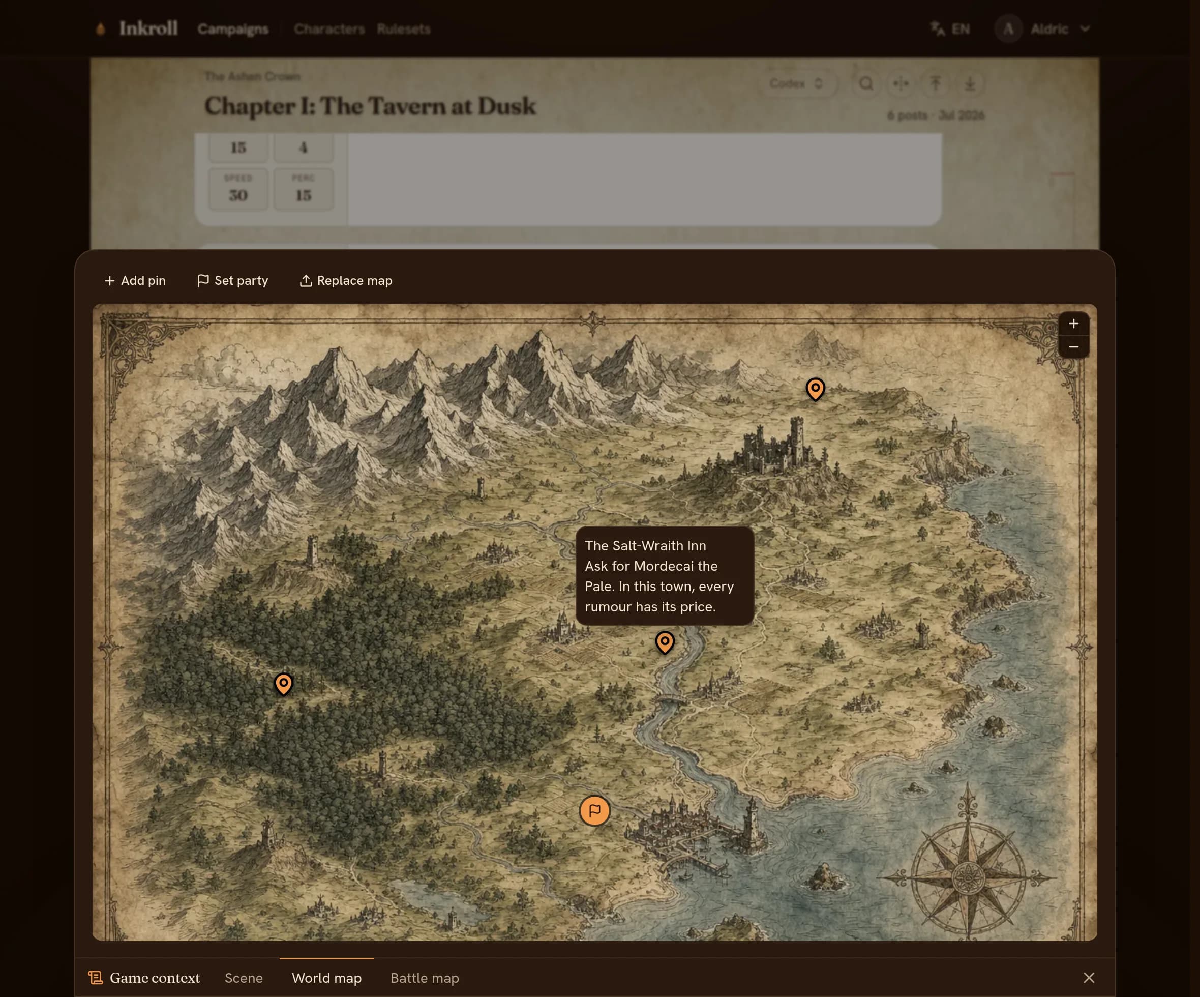 The game-context drawer open to a hand-drawn world map with location pins and the party's position