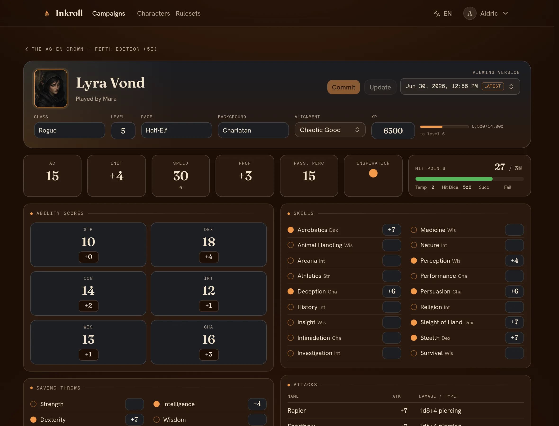 A populated Fifth Edition character sheet with vitals, abilities, and spells